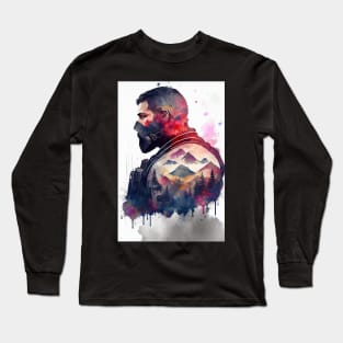 Soldier In A Gas Mask Watercolor Double Exposure Long Sleeve T-Shirt